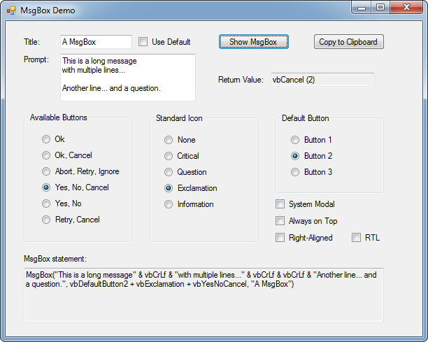 MsgBox Demo Screenshot
